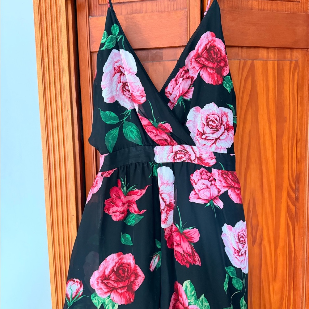 Floral Black V-Neck Romper with Pink Roses